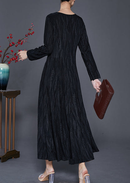 Black Print Cotton a Line Dress V Neck Silm Fit Spring