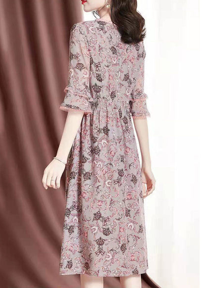 Diy Pink V Neck Lace Patchwork Print Chiffon Maxi Dresses Summer