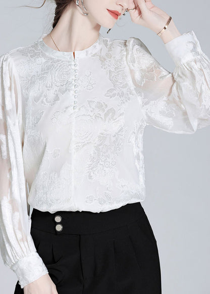 White O-neck Button Jacquard Slik Shirt Spring