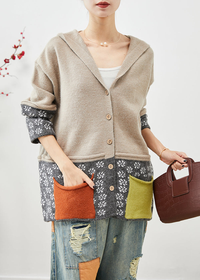 Khaki Hooded Patchwork Pockets Knit Coat Fall