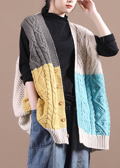 Diy Apricot V Neck Patchwork Knit Waistcoat Sleeveless