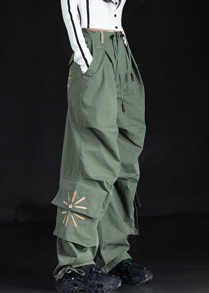 New Green Embroidered Pockets Cotton Pants Trousers Fall