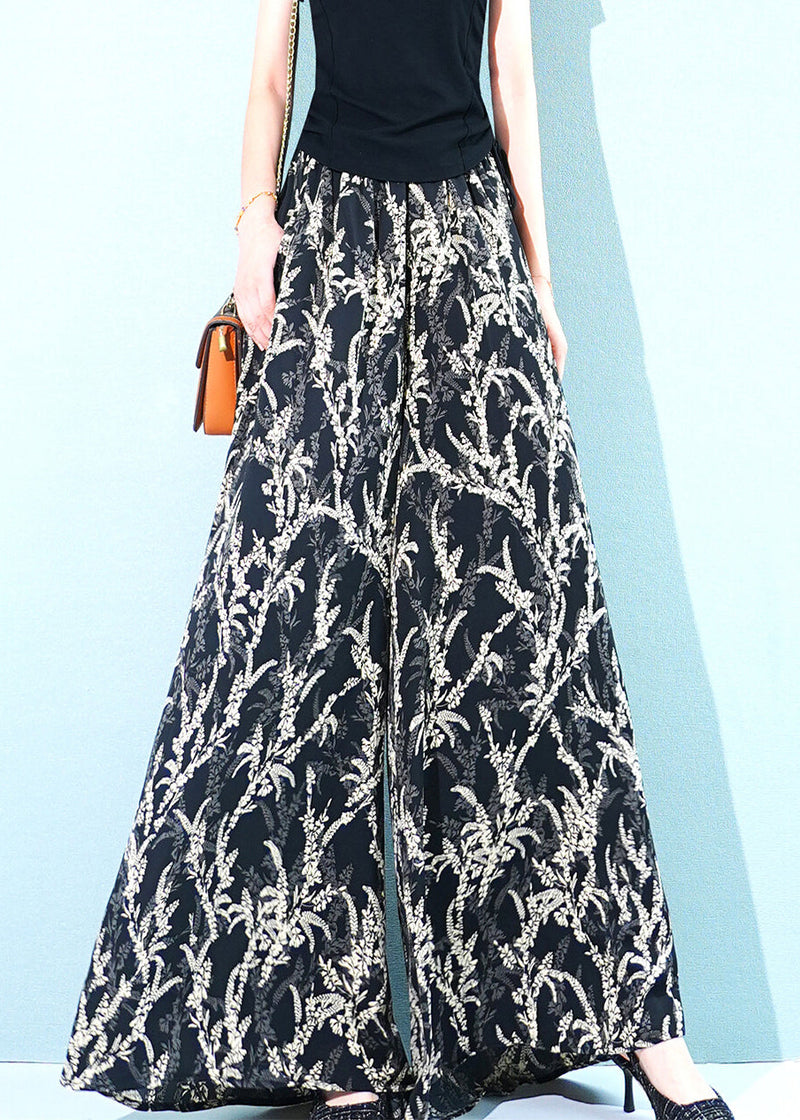 Black Pockets Elastic Waist Ice Silk Wide Leg Pants Print Summer
