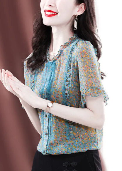 Green Ruffled Print Chiffon Blouses Summer