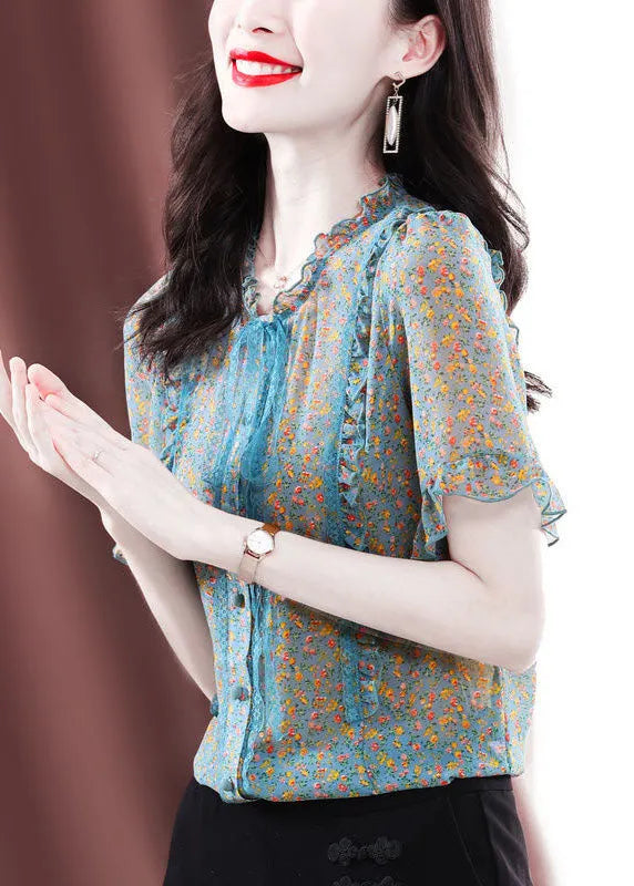 Green Ruffled Print Chiffon Blouses Summer