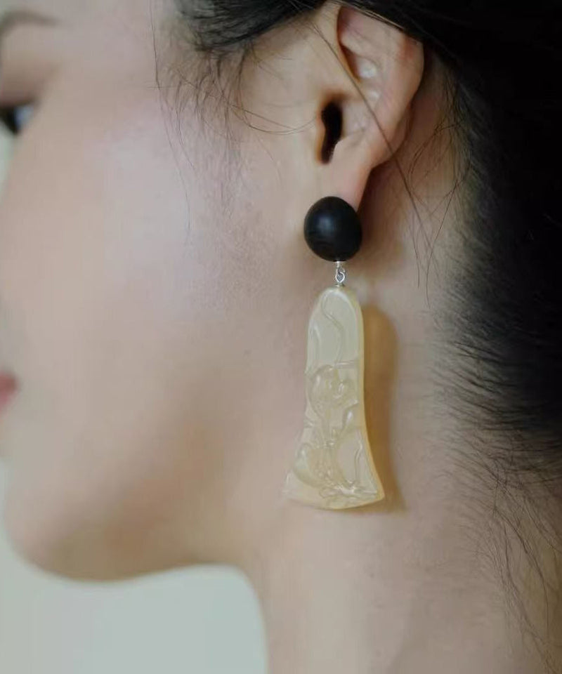 Black Sandalwood Carving Drop Earrings