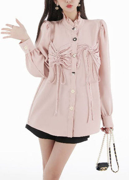 Pink Ruffled Patchwork Wrinkled Chiffon Top Puff Sleeve