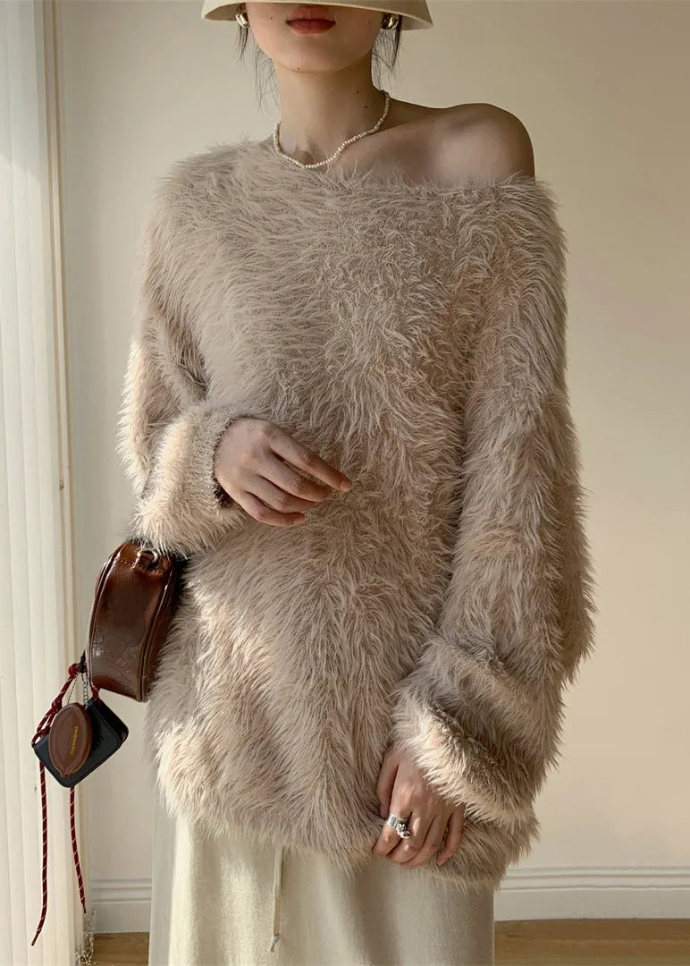 Khaki Cozy Loose Mink Velvet Winter Sweaters O-neck