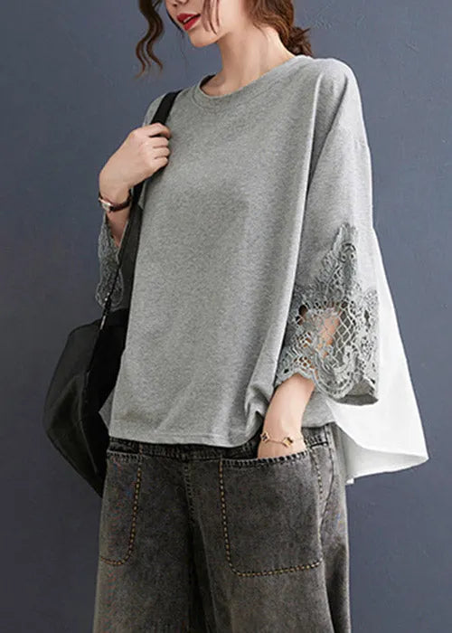 Grey Hollow Out Sweatshirts Top Ruffled Low High Design Three Quarter Sleeve