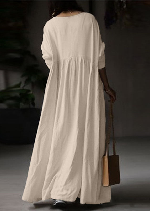 Beige O Neck Wrinkled Patchwork Cotton Maxi Dress Spring