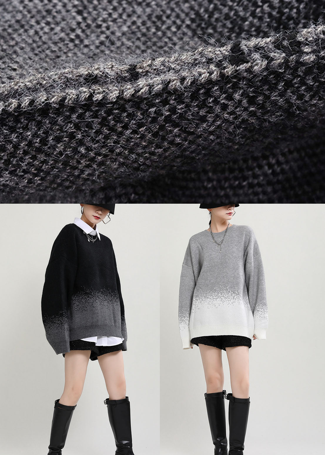 Simple Black O-neck Gradient Color Fall Knit Knitted Sweaters
