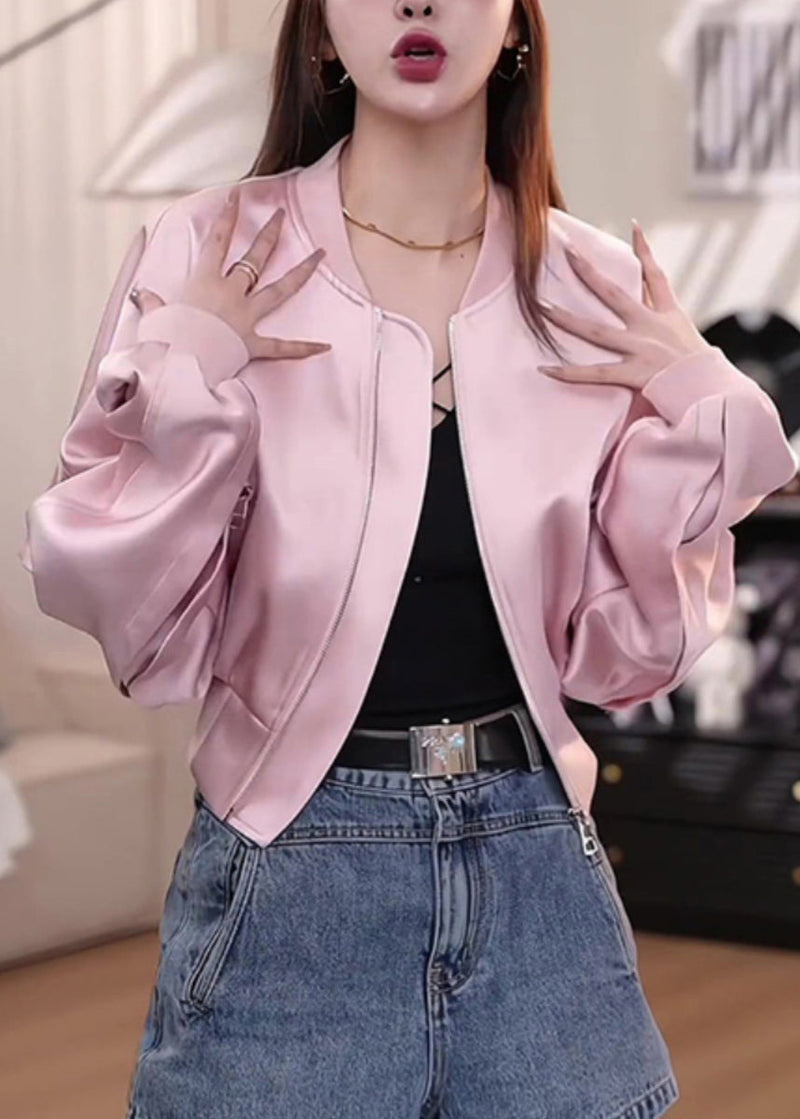 New Pink Zippered Short Baseball Jacket Autumn