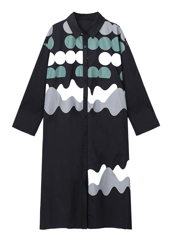 Black Print Button Pockets Fall Shirts Long Sleeve Dress