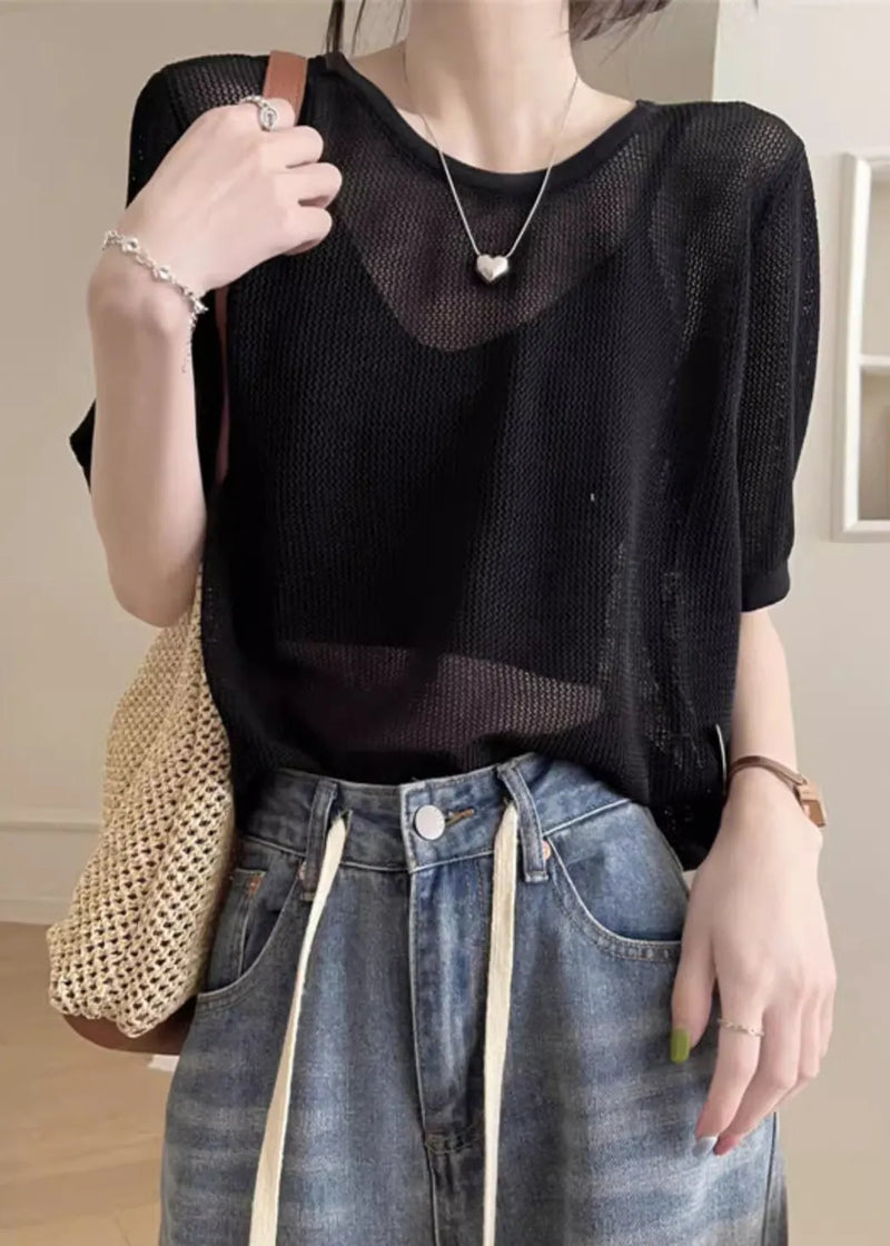 Black Hollow Out Summer Knit T Shirts O Neck