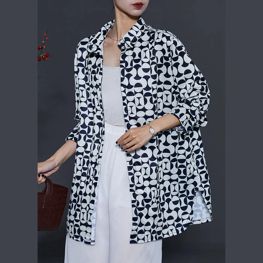 French Black Oversized Print Chiffon Shirt Tops Summer
