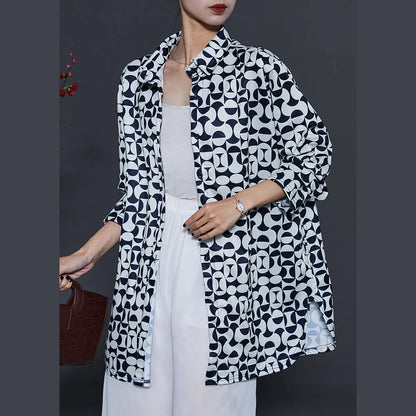 French Black Oversized Print Chiffon Shirt Tops Summer