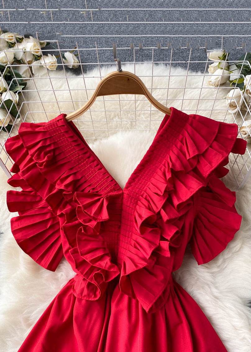 Red Ruffled Button Cotton Dress Summer