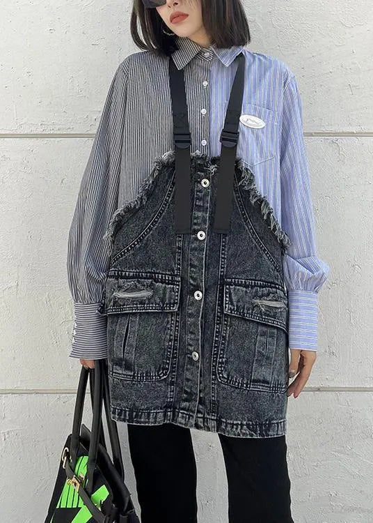 Lapel Spring Tunic Top Work Striped Patchwork Blouse
