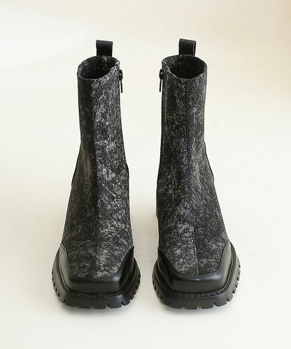 Blue Cowhide Leather Splicing Chunky Boots