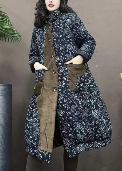 Navy Pockets Print Patchwork Warm Fleece Coats Winter