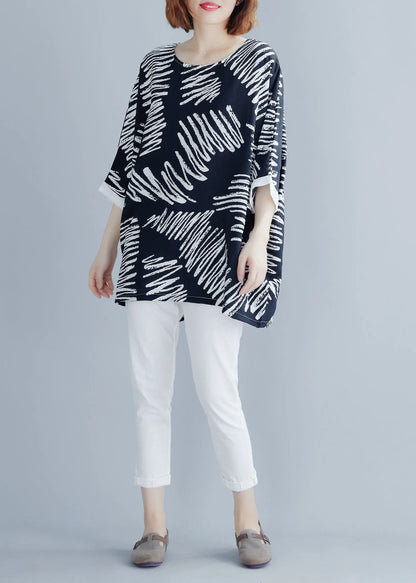 Black O-neck Asymmetrical Print Cotton Shirt Top Summer
