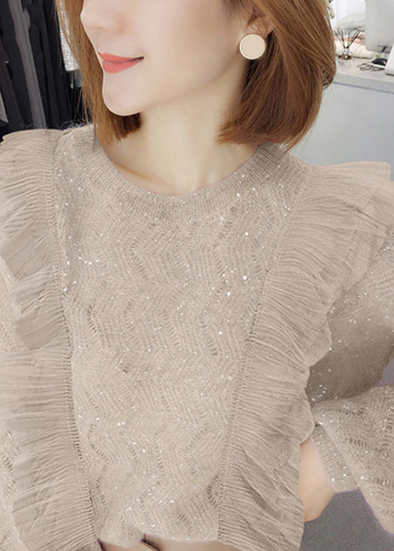 Apricot Ruffled Sequins Knit Two Pieces Set Spring