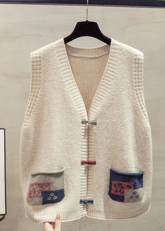 Art Dark Blue Chinese Button Patchwork Pockets Knitted Vests Spring