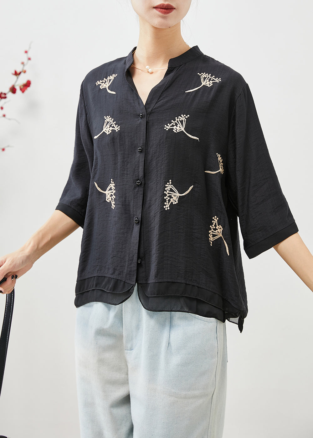 Black Embroideried Patchwork Linen Shirt Top Half Sleeve