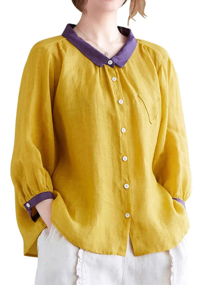 Yellow Peter Pan Collar Patchwork Linen Shirt Top Bracelet Sleeve