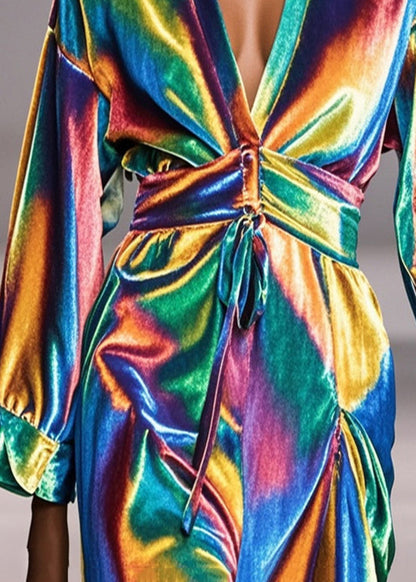 Simple Gradient Color V Neck Silm Fit Silk Velour Robe Dresses Fall