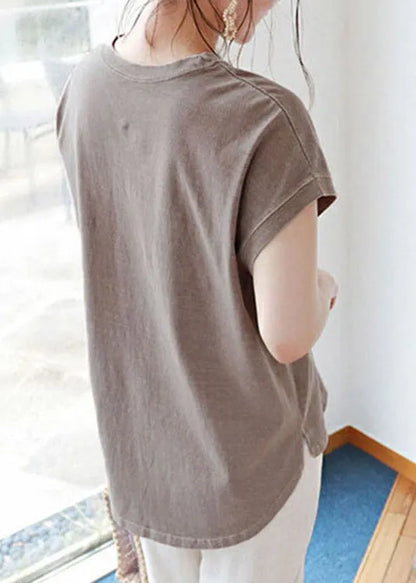 Brief Camel O-neck Side Open Cotton T Shirt Short Sleeve
