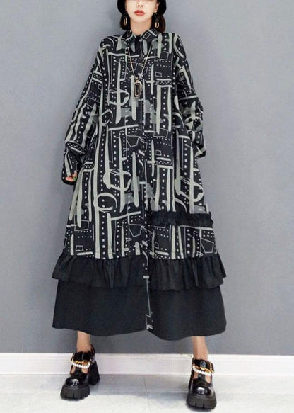 Black Peter Pan Collar Button Print Asymmetrical Design Dress Fall Long Sleeve