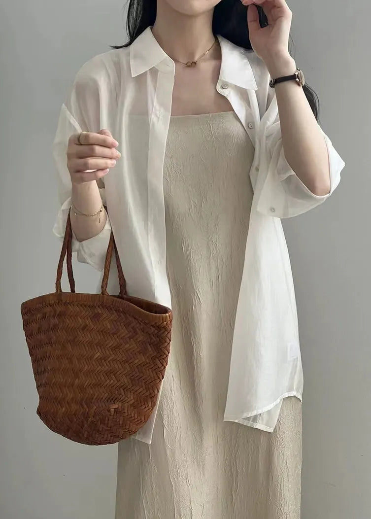 New White Lace Up Button Silk Shirt Long Sleeve Fall