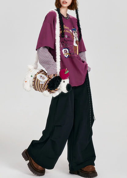 Purple Oversized Patchwork Cotton Fake Two Piece Pullover Tops Spring