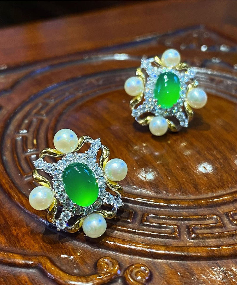 Green Sterling Silver Overgild Zircon Jade Pearl Stud Earrings