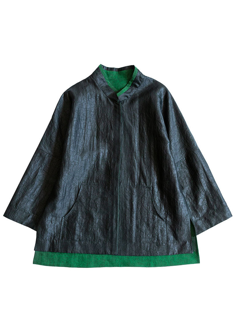 Boutique Black Green Side Open Low High Design Stand Collar Wear on Both Sides Silk Coats Spring
