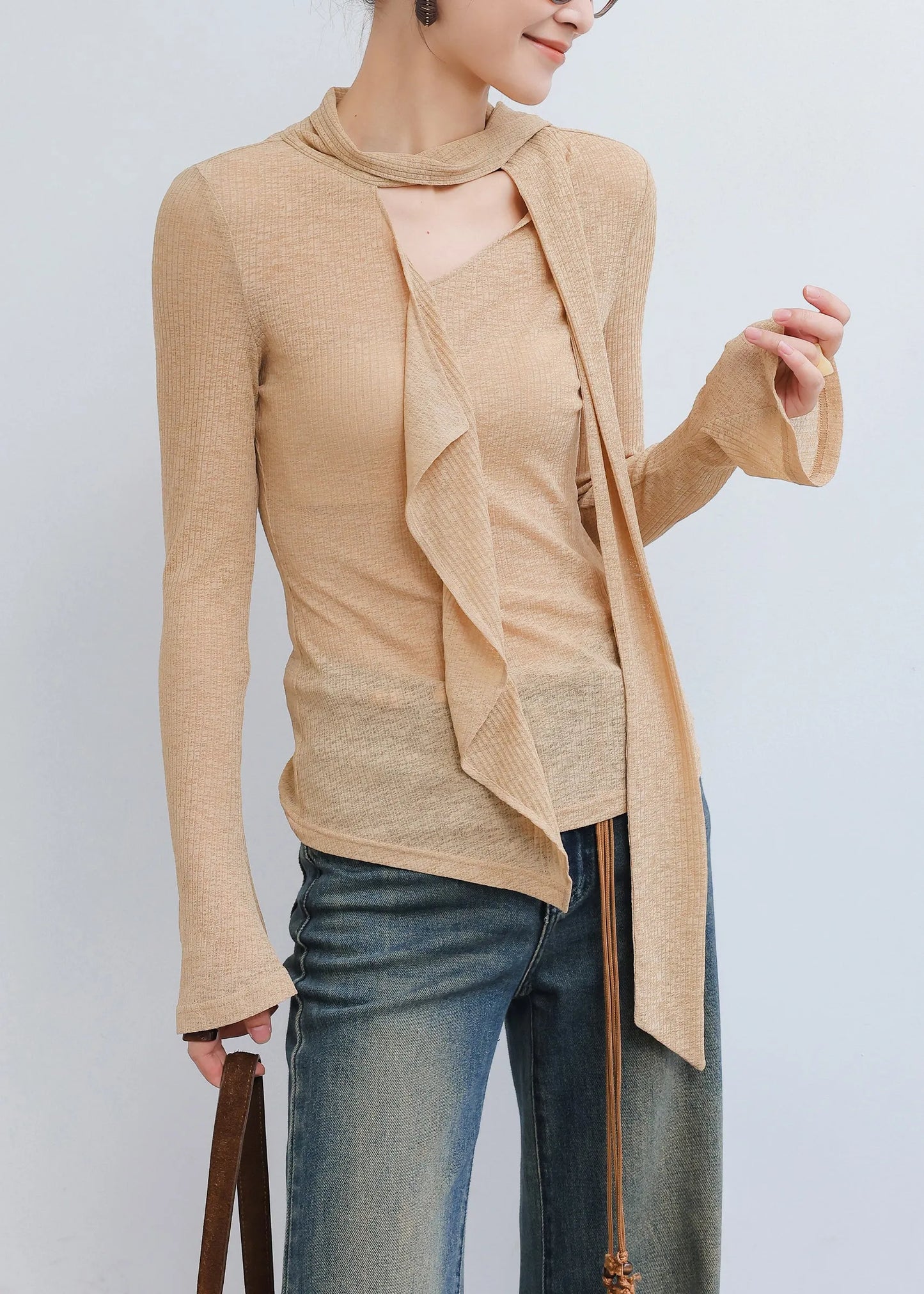 Khaki Asymmetrical Cotton Blouse Top Spring
