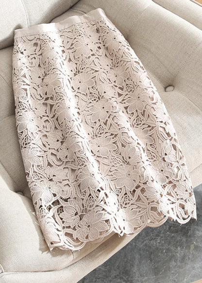 New Light Pink Hollow Out Lace High Waisted Skirts Summer