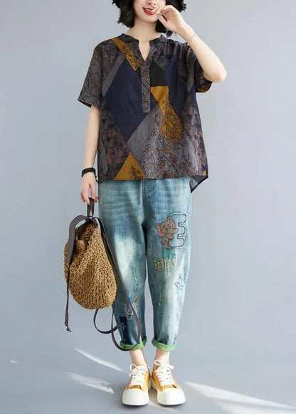 Blue Yellow V Neck Cotton Linen Blouse Tops Summer