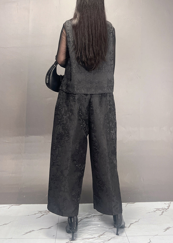 Black Print Asymmetrical Silk Cotton Waistcoat and Wide Leg Pants Two Piece Set Fall