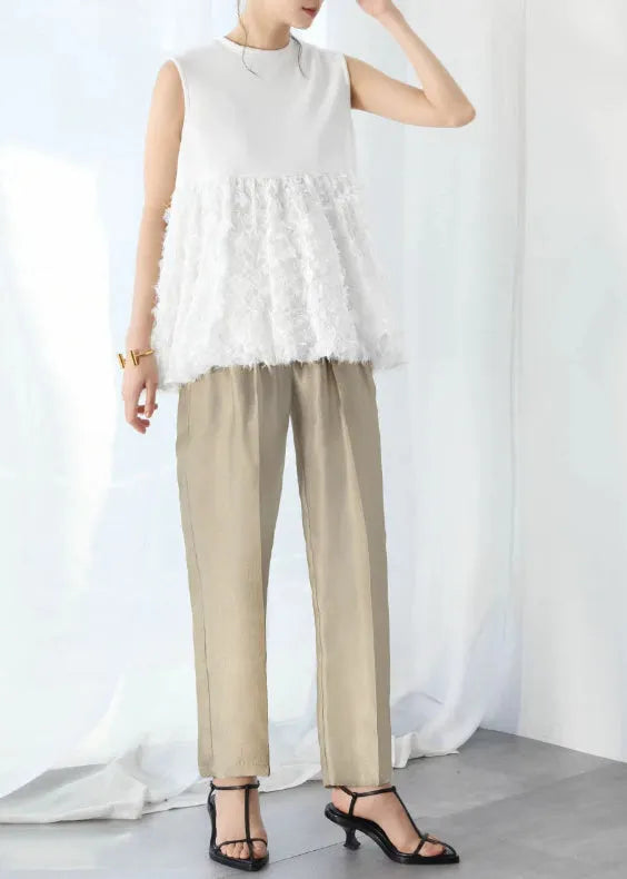 White Tasseled Patchwork Cotton Tops Sleeveless