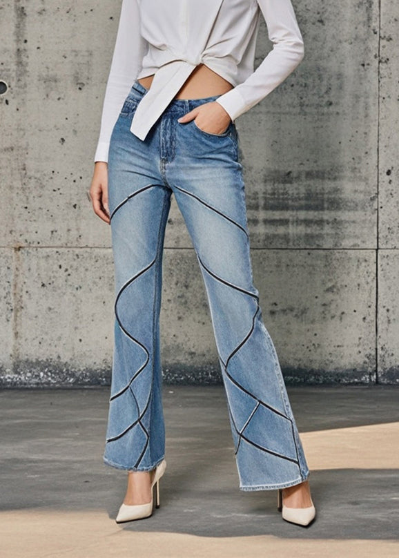 Boutique Blue High Waist Striped Denim Flared Pants Fall