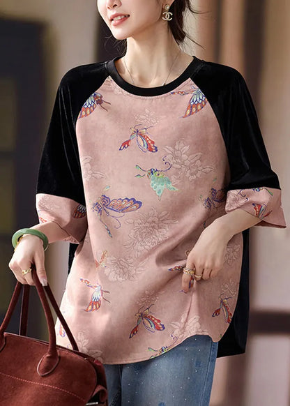 Pink Patchwork Cotton Oriental Tanks Butterfly Print Half Sleeve