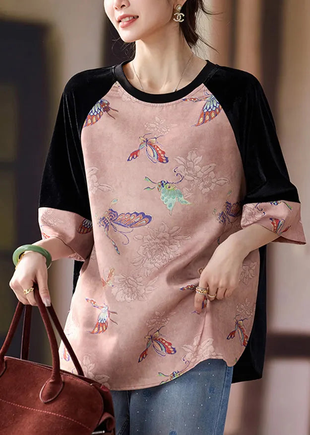 Pink Patchwork Cotton Oriental Tanks Butterfly Print Half Sleeve