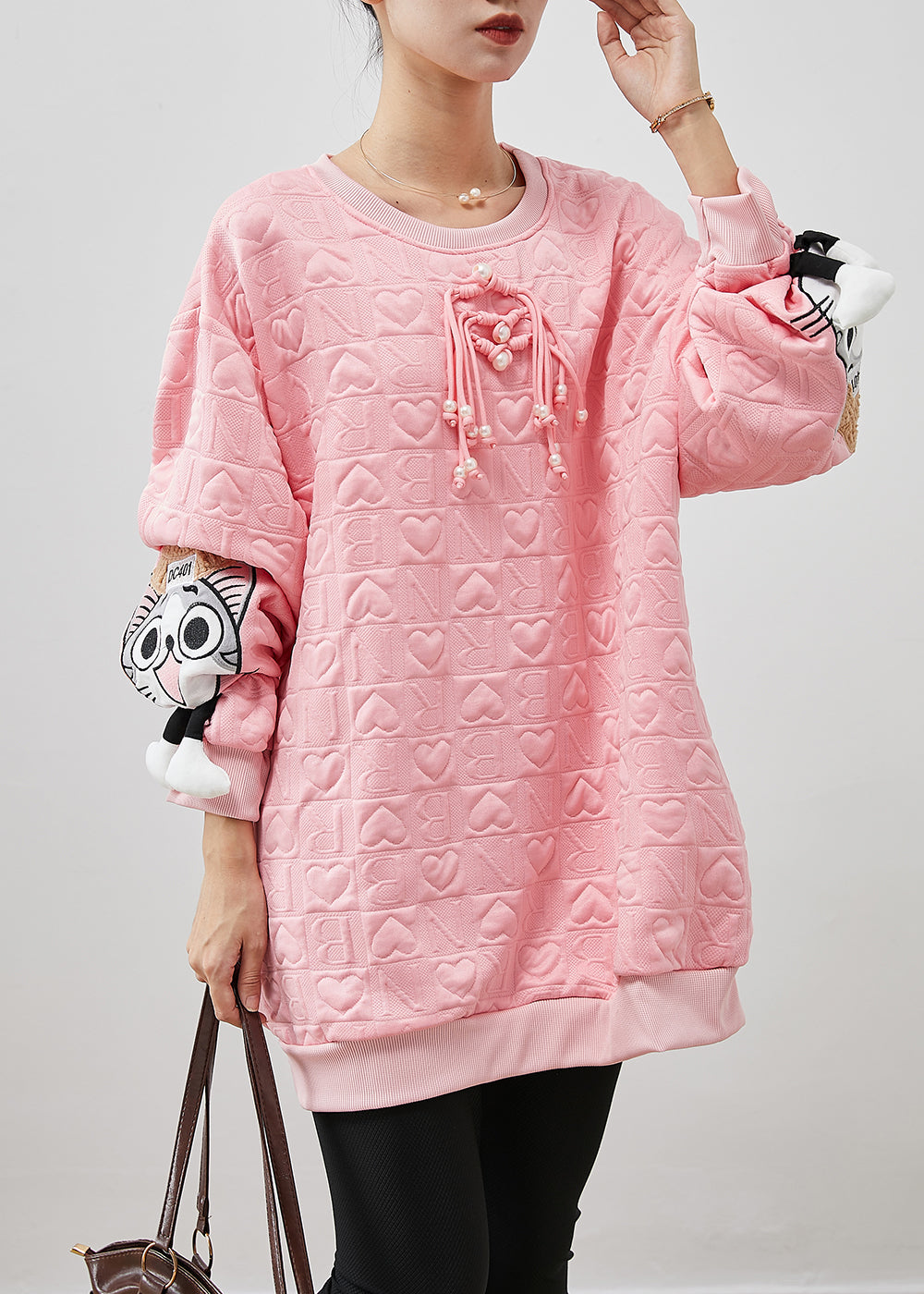 Pink Cartoon Tasseled Cotton Sweatshirt Spring