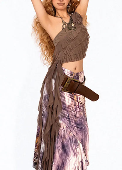 Italian Coffee Asymmetrical Ruffled One Shoulder Tops Summer