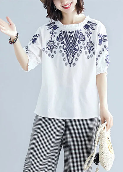 White Embroideried Cotton T Shirt Summer