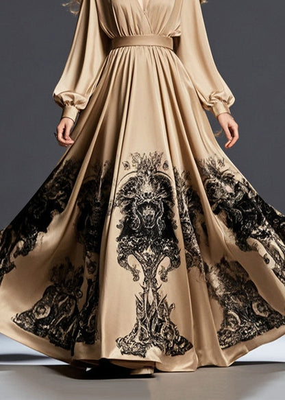 Brown Cinched Print Exra Large Hem Silk Long Dress Fall