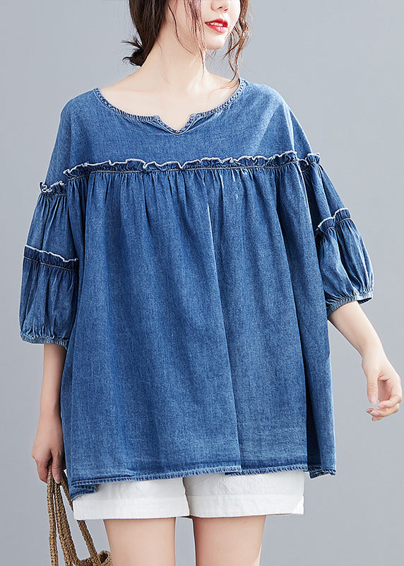 Novelty Denim Blue O-neck Ruffled Patchwork Silk Cotton Top Half Sleeve