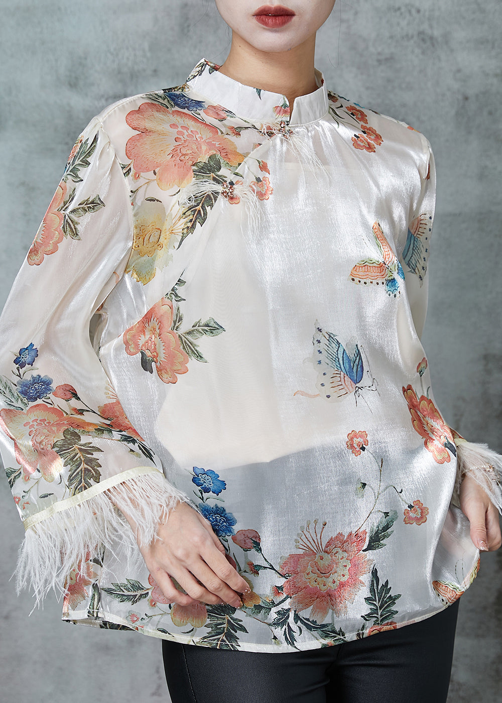White Tasseled Print Silk Shirts Spring